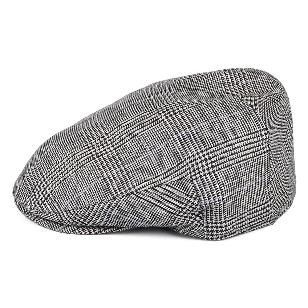 Christys Hats Ascot Camberley Prince of Wales Check Linen-Wool Flat Cap - Black-White-Blue