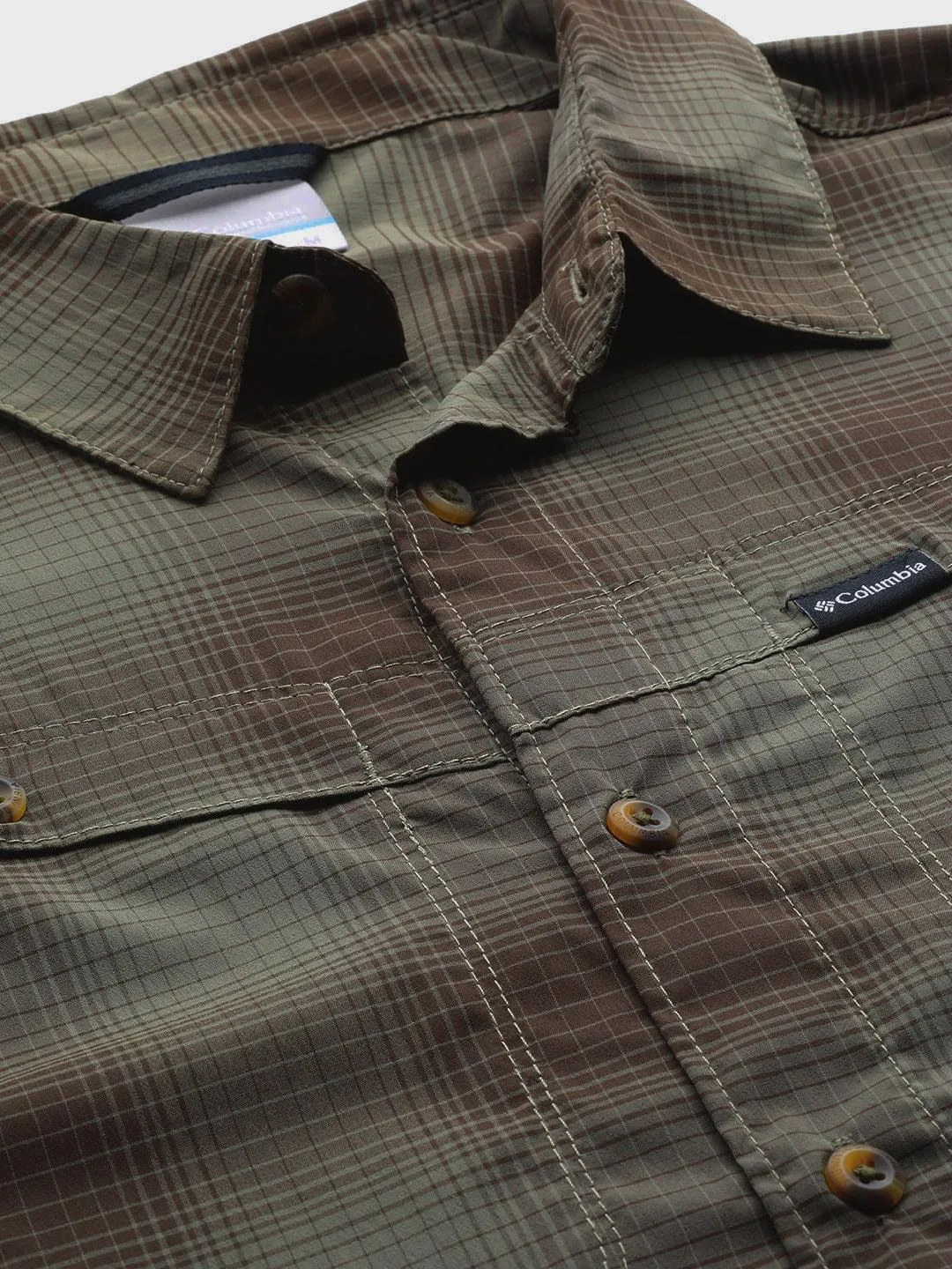 Columbia Men Green Omni-Shield Newton Ridge II Plaid Long Sleeve Shirt