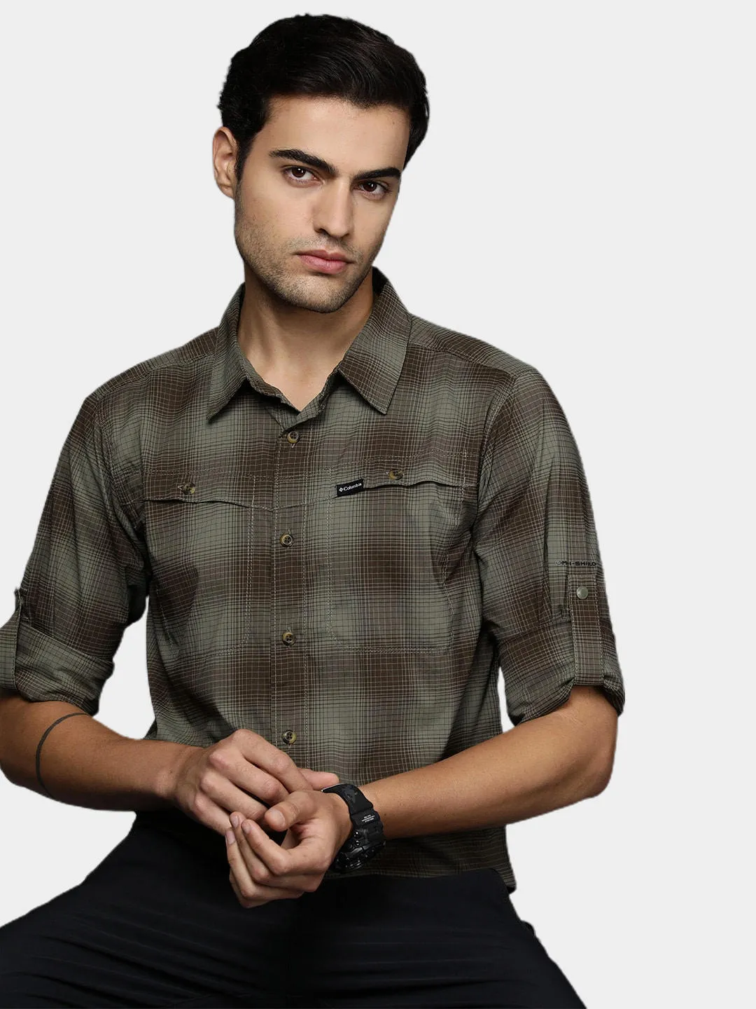 Columbia Men Green Omni-Shield Newton Ridge II Plaid Long Sleeve Shirt