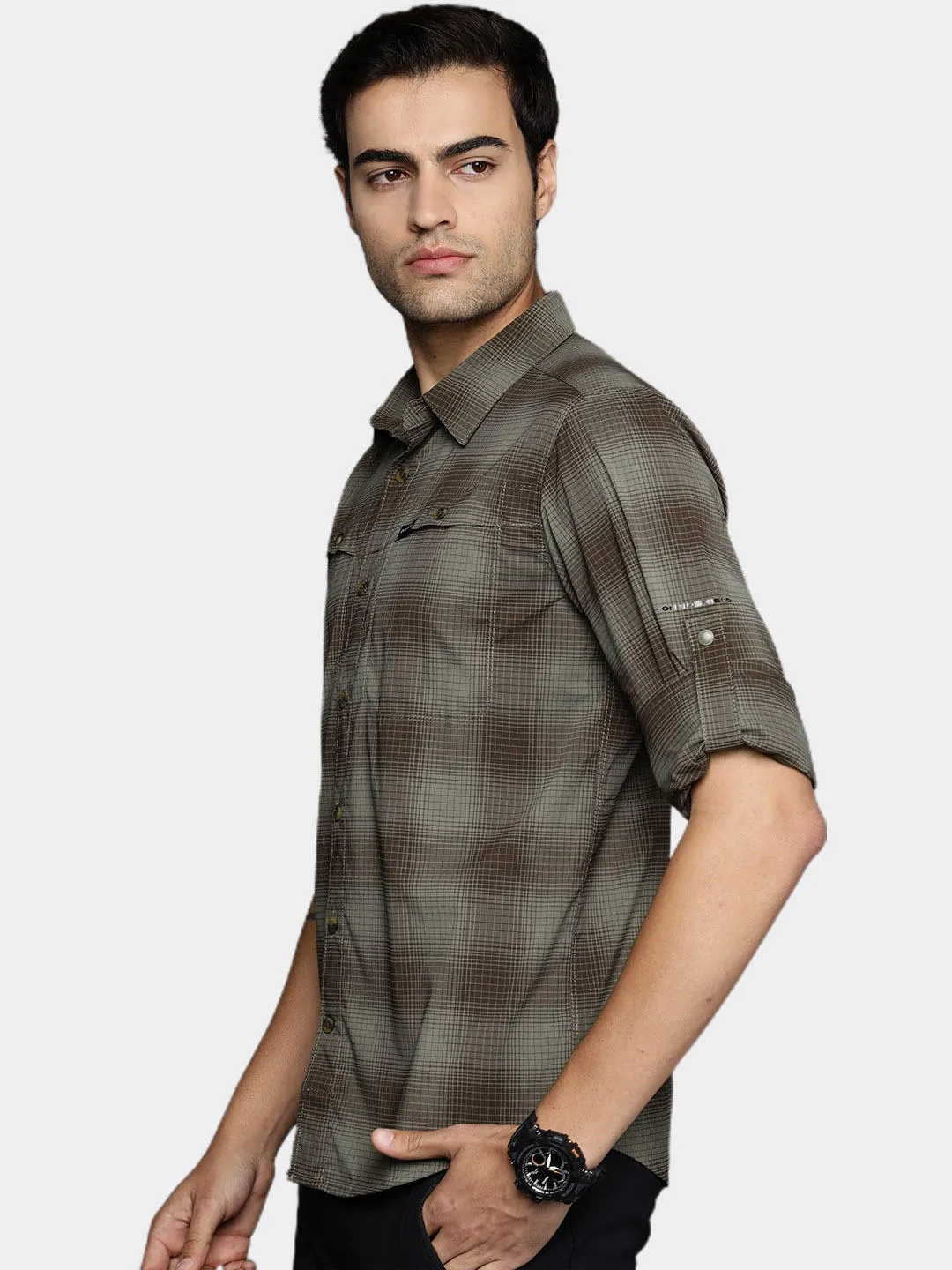 Columbia Men Green Omni-Shield Newton Ridge II Plaid Long Sleeve Shirt