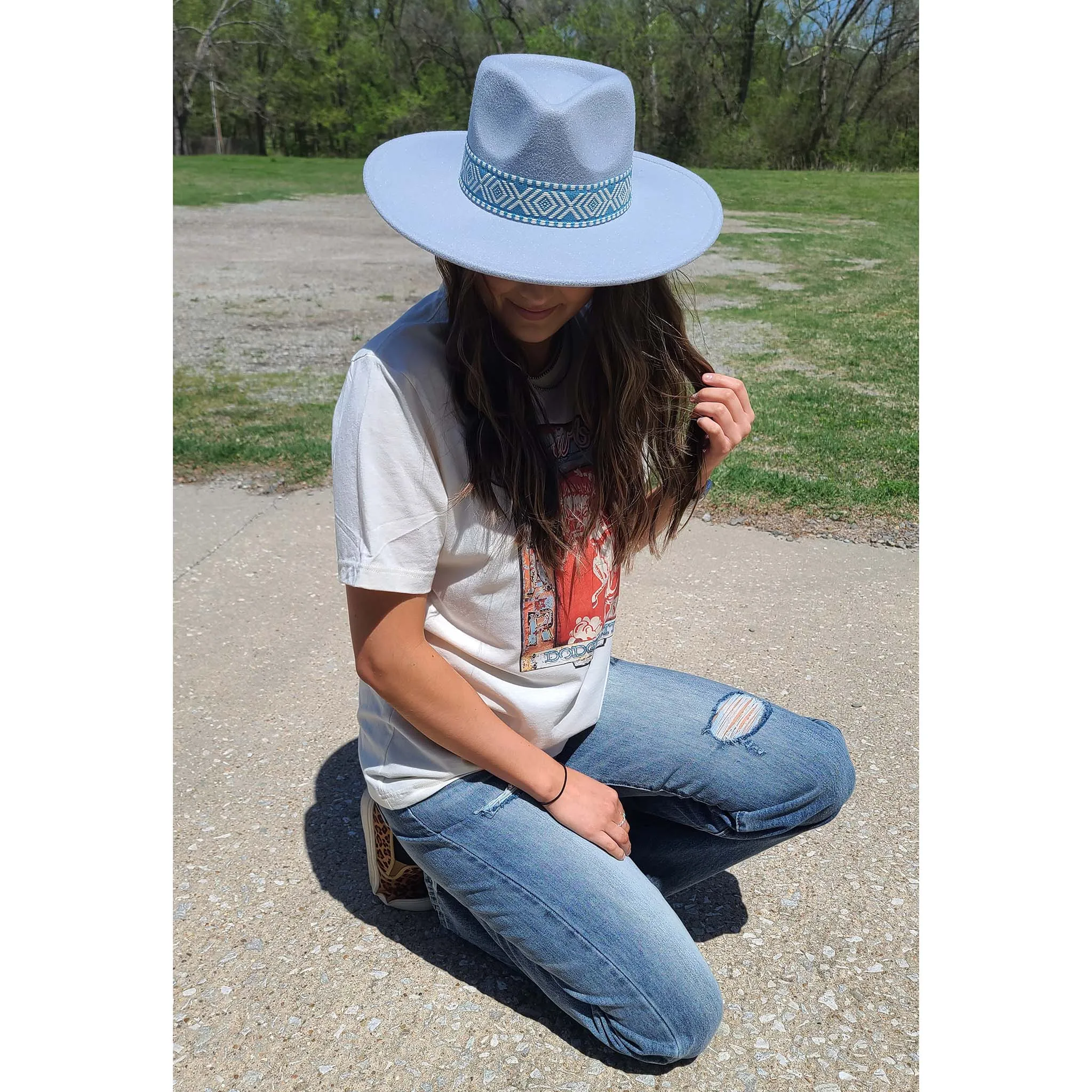 Fame Ladies Blue Fedora Aztec Band