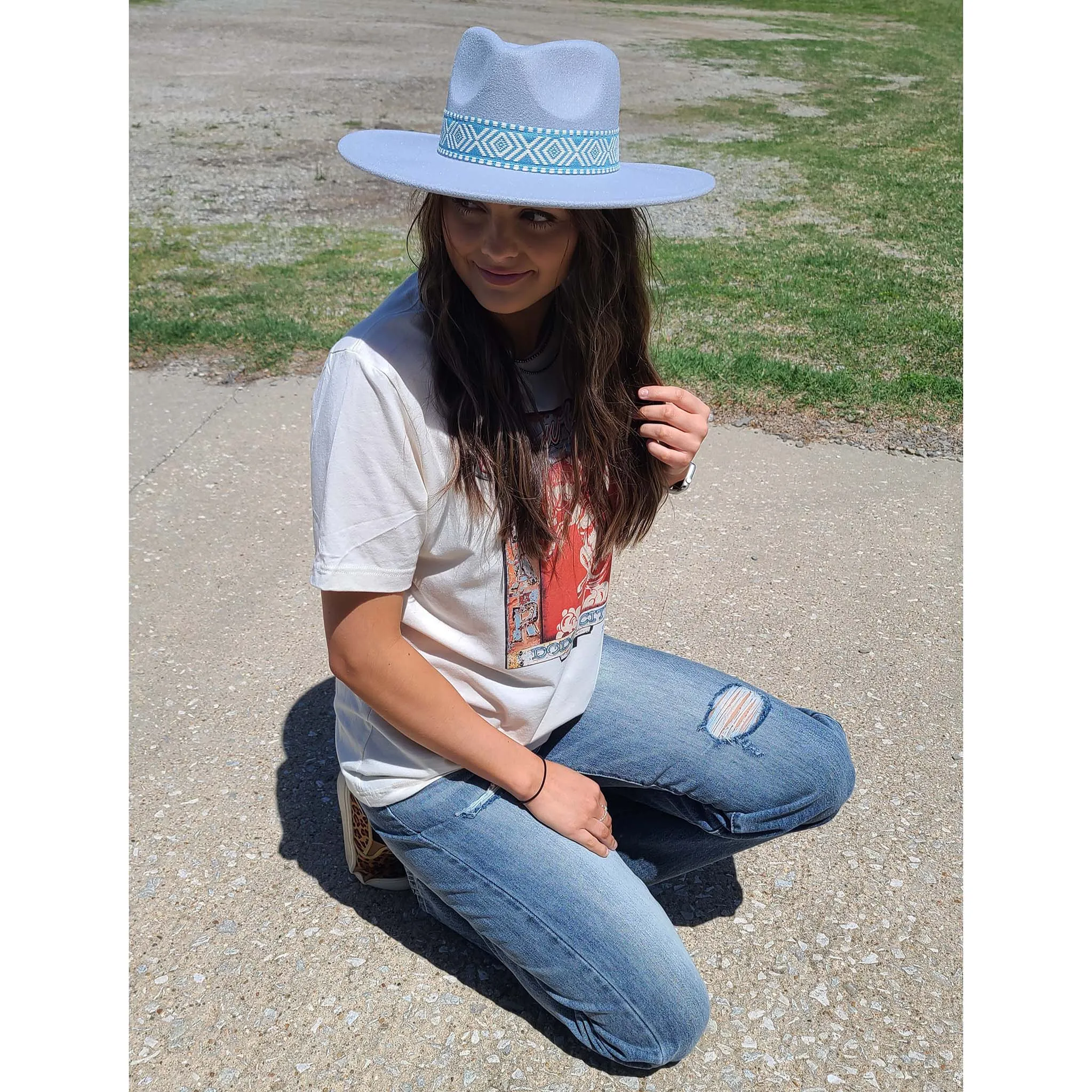 Fame Ladies Blue Fedora Aztec Band