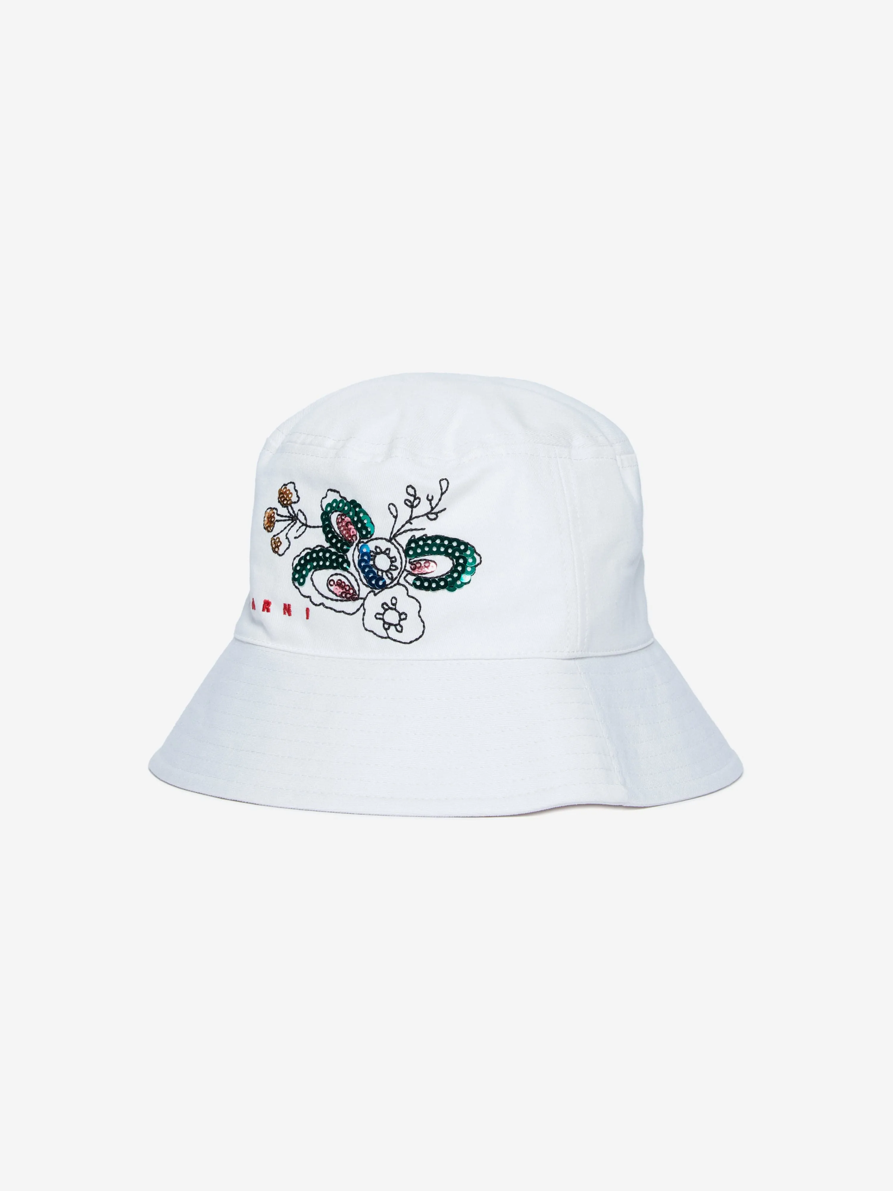 Girls Gabardine Flower Bucket Hat in White