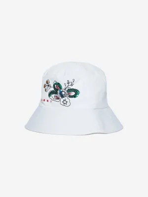 Girls Gabardine Flower Bucket Hat in White