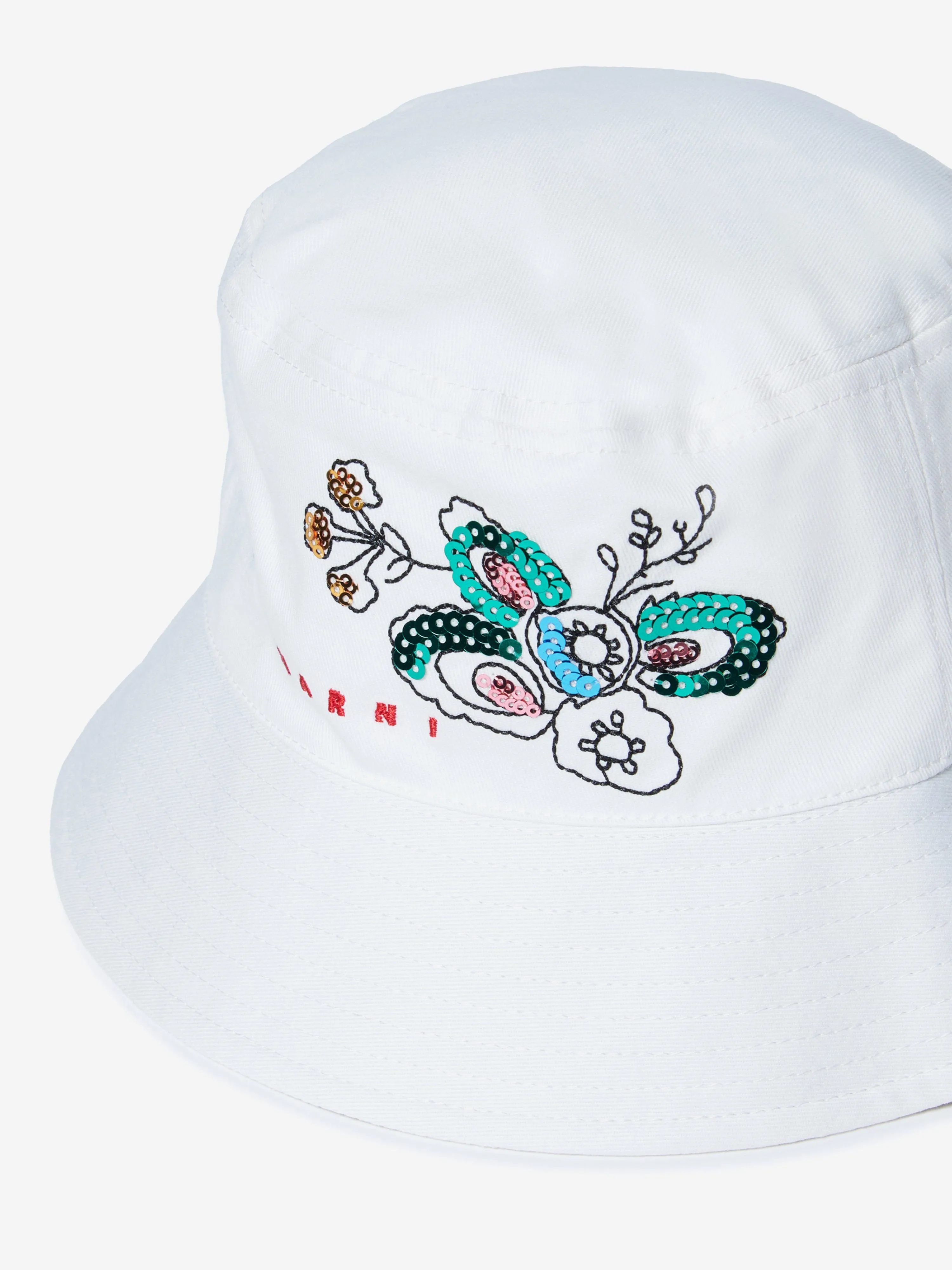 Girls Gabardine Flower Bucket Hat in White
