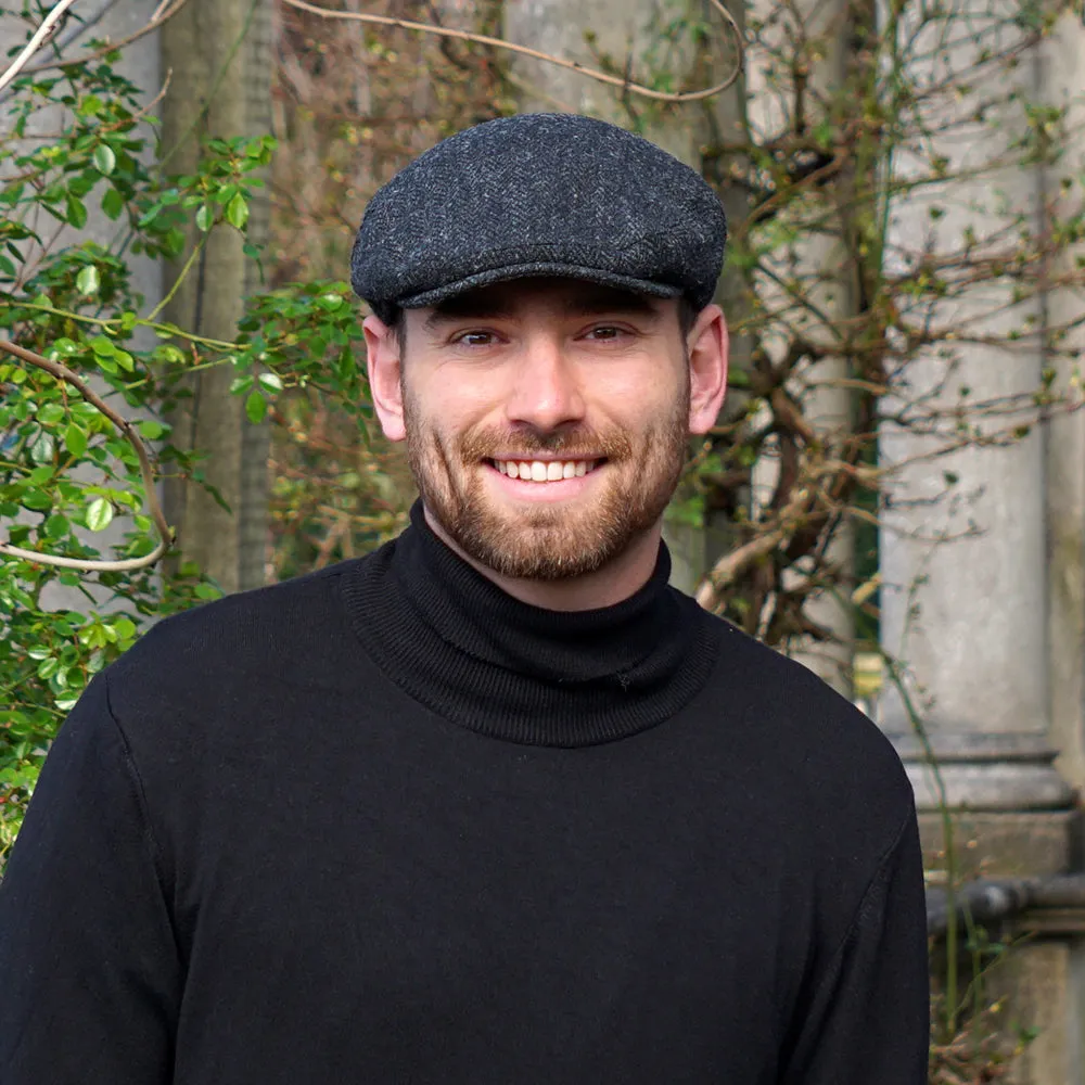 Jaxon & James HARRIS TWEED Herringbone Dunvegan Flat Cap - Black-Charcoal