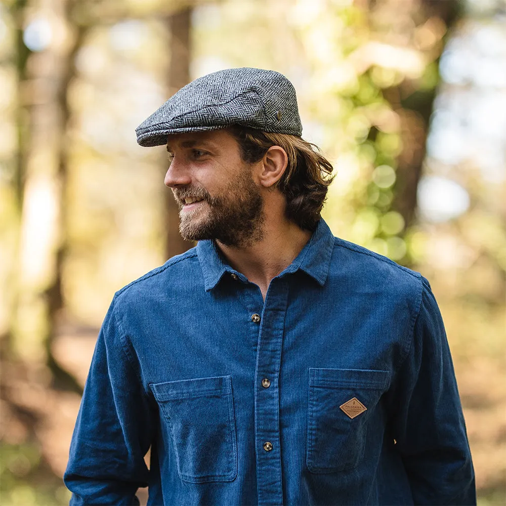 Jaxon & James HARRIS TWEED Herringbone Kinloch Flat Cap - Black-Grey