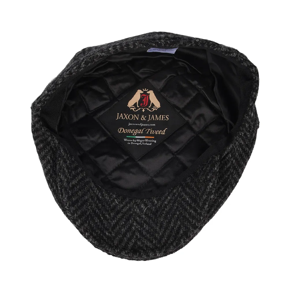 Jaxon & James Heavyweight Donegal Tweed Herringbone Drumbarron Flat Cap - Black-Charcoal