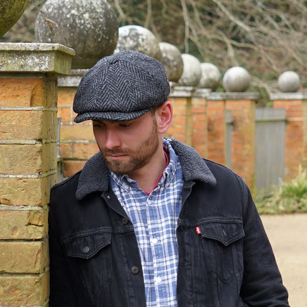 Jaxon & James Heavyweight Donegal Tweed Herringbone Glencoagh Newsboy Cap - Black-Charcoal