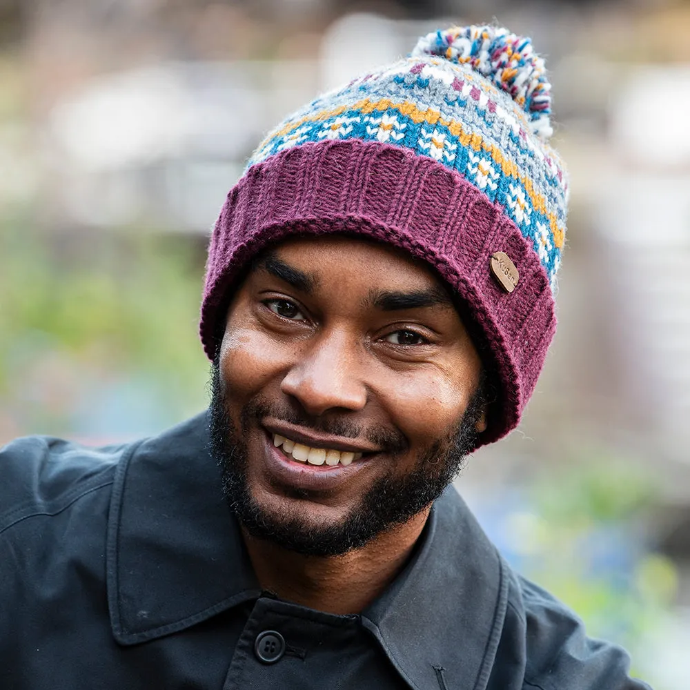 Kusan Mosaic Fair Isle Bobble Hat - Plum-Grey