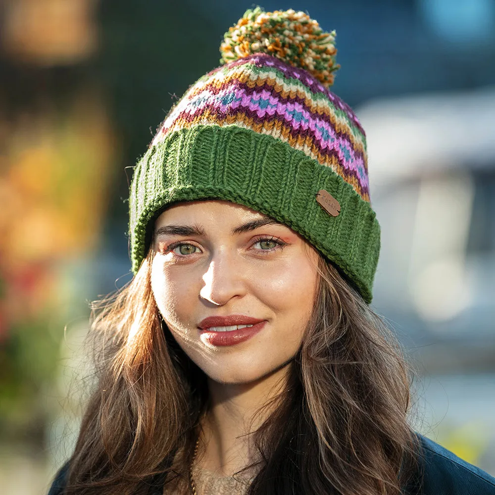 Kusan Turn Up Bobble Hat - Green-Purple-Mustard