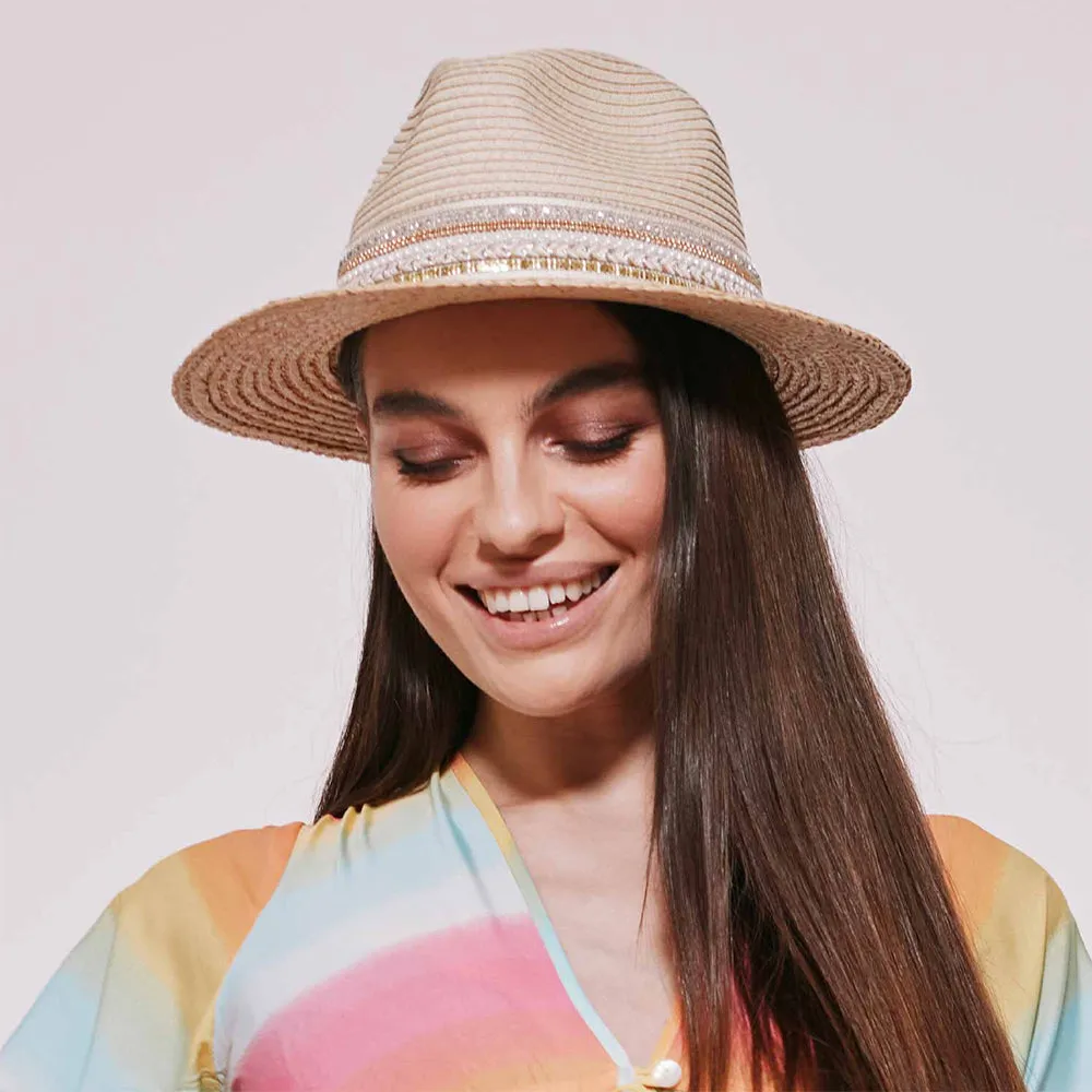 Seeberger Hats Toyo Straw Fedora Hat With Sequin Band - Natural-Light Brown